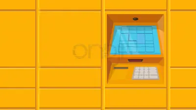 Ouverture d'un casier, main tenant un smartphone et déposant le telephone dans le casier dans un style flat design